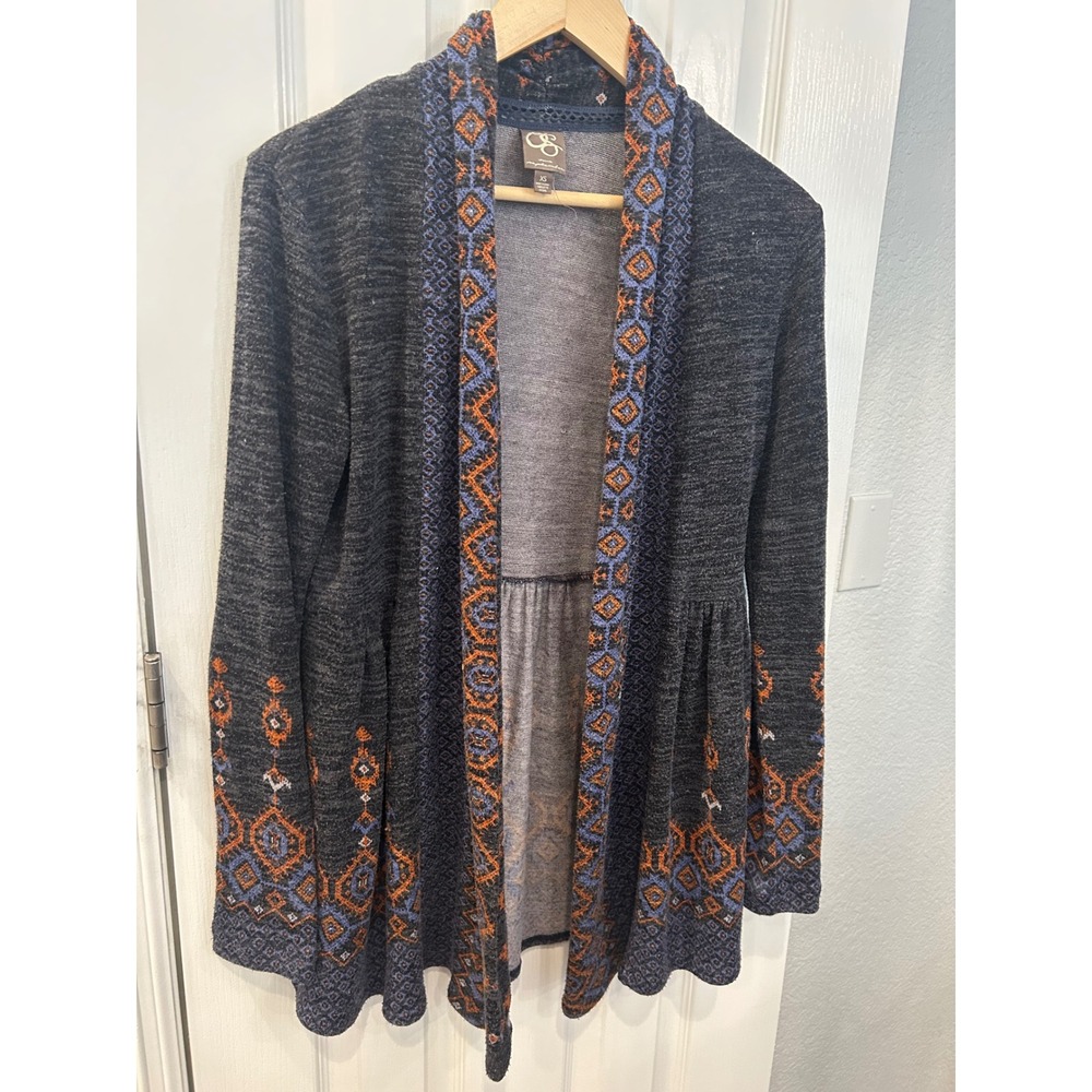 One September Anthropologie Cardigan Sweater Gray Boho‎ Geometric Print XS
